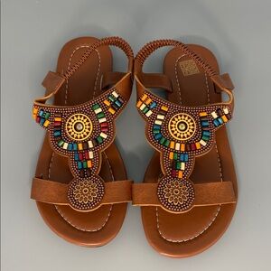 Tribal Embroidered Leather-Look Flat‎ Sandals | Festival Ready se 39 EU/ 8-8.5